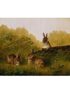 Vintage Rabbits on a log Unframed